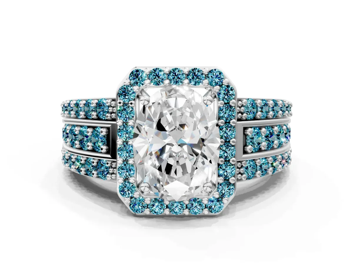 Oval Cut Halo Diamond Ring with Round Blue Topaz Split Shank and Prong Setting Silver