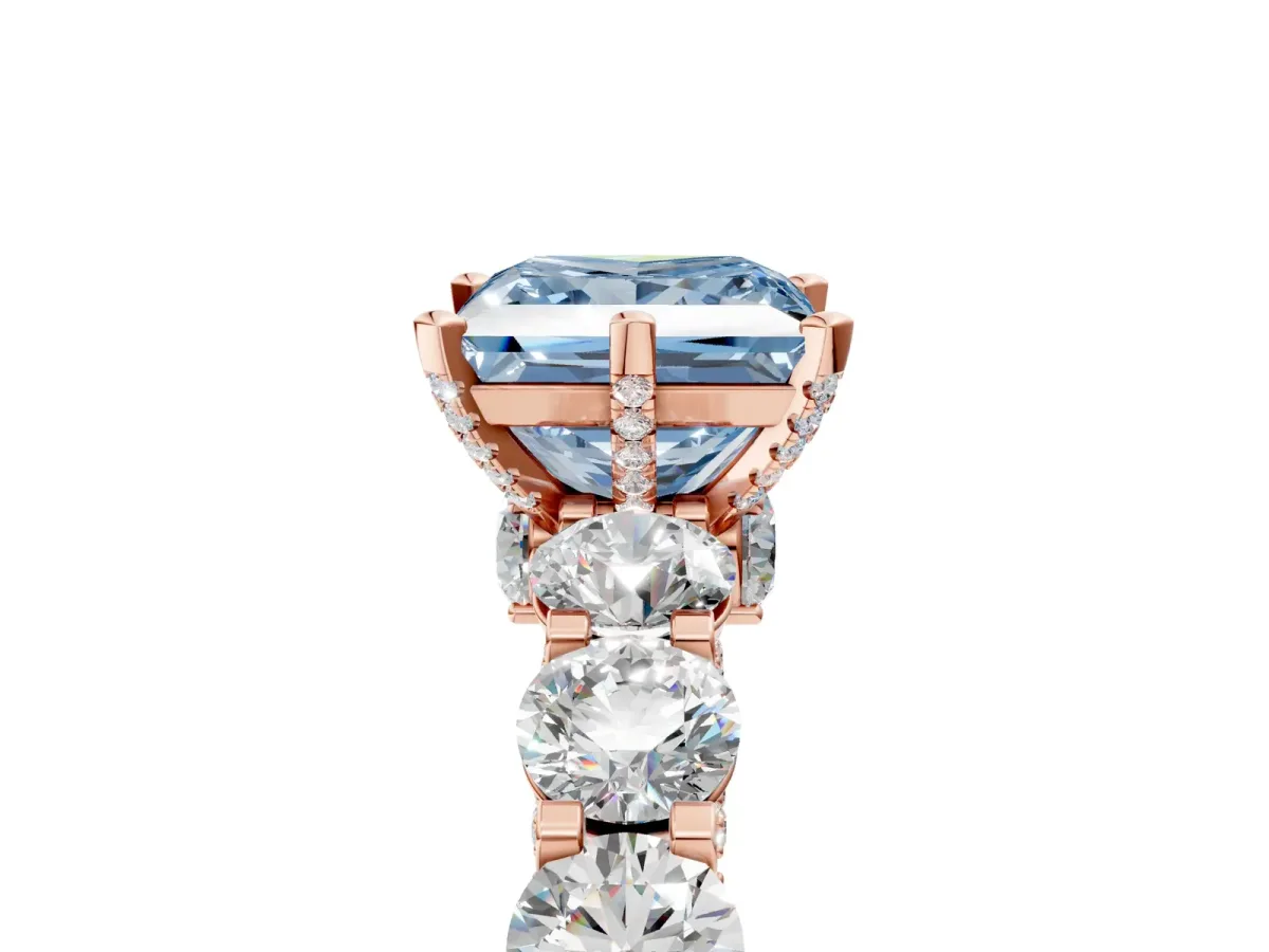 Fancy Blue Princess Cut Diamond Side Stone Engagement Ring with Four-Prong Setting Rose gold