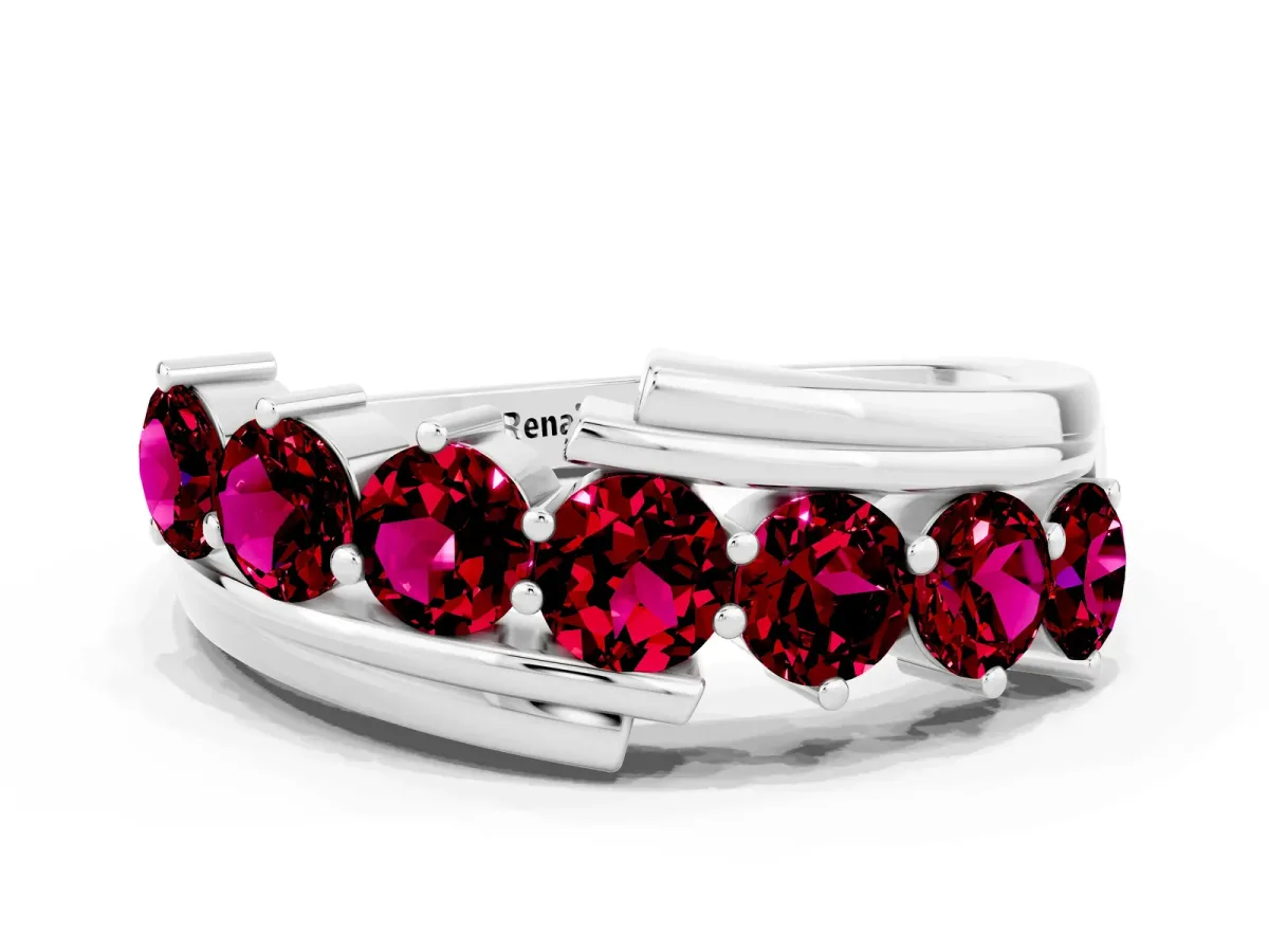 Round Garnet Wave Band with Channel and Shared Prong Setting Silver