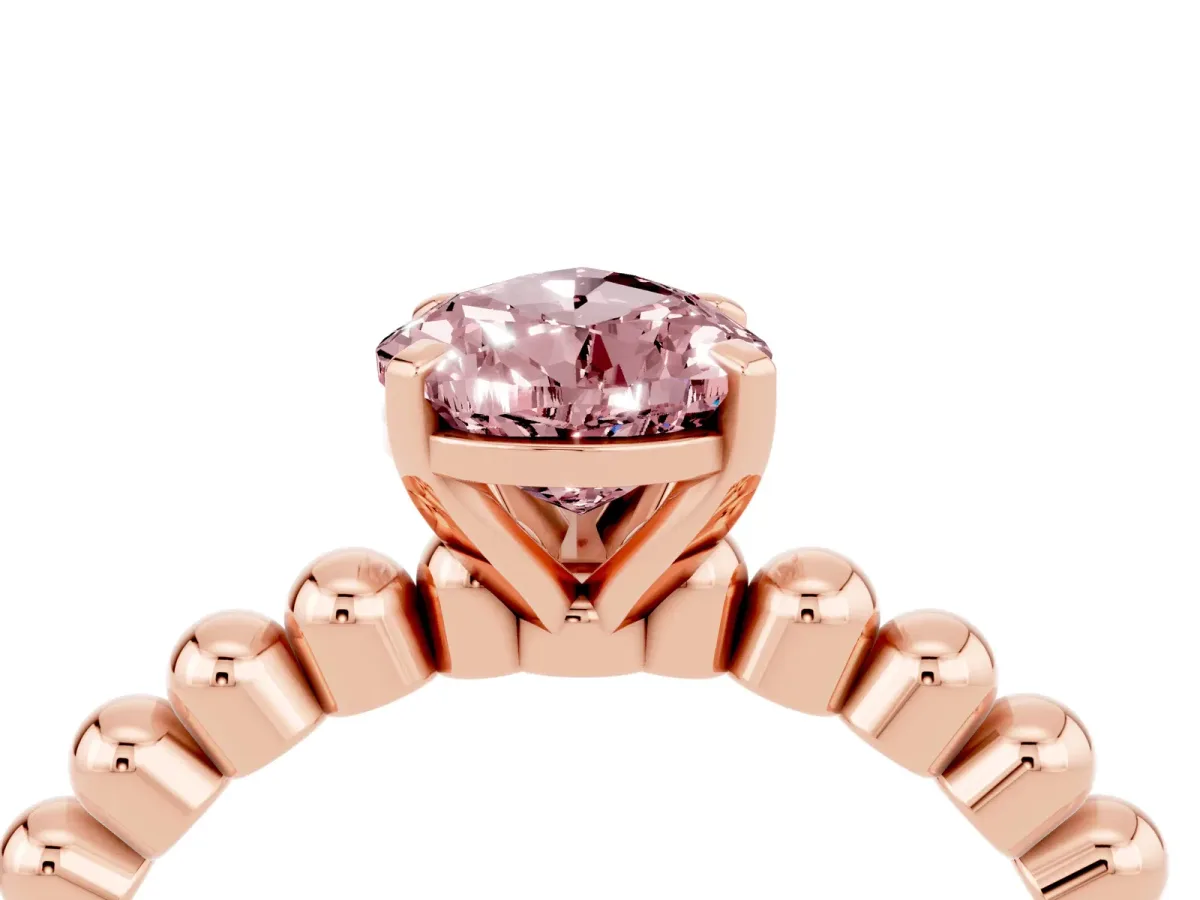 Pear Cut Morganite Solitaire Ring with Beaded Band and Prong Setting Rose gold