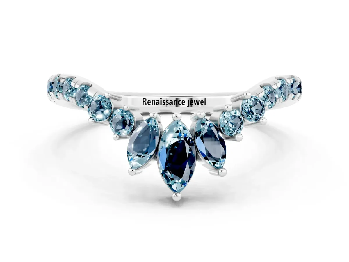 Chevron Marquise and Round Aquamarine Open Band with Prong Setting Silver