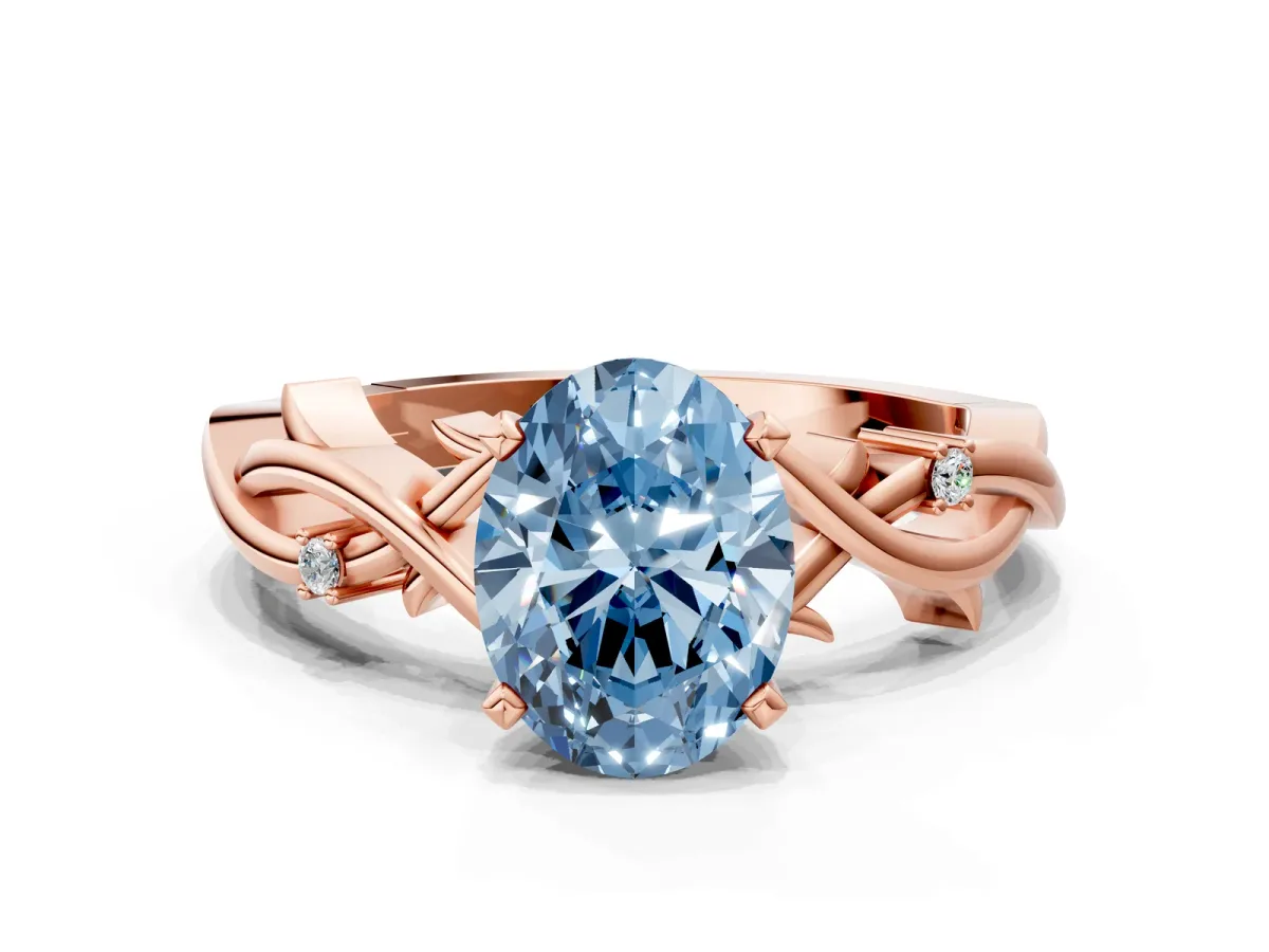 Fancy Blue Oval Cut Diamond Solitaire Ring with Twisted Band and Prong Setting Rose gold