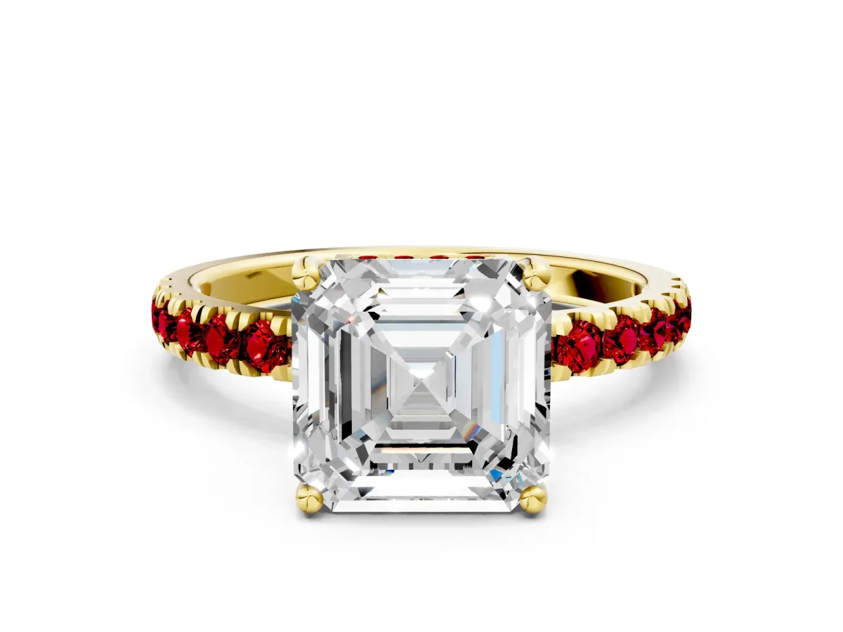 Asscher Cut Diamond Pave Band Solitaire Ring with Round Ruby and Prong Setting Yellow gold