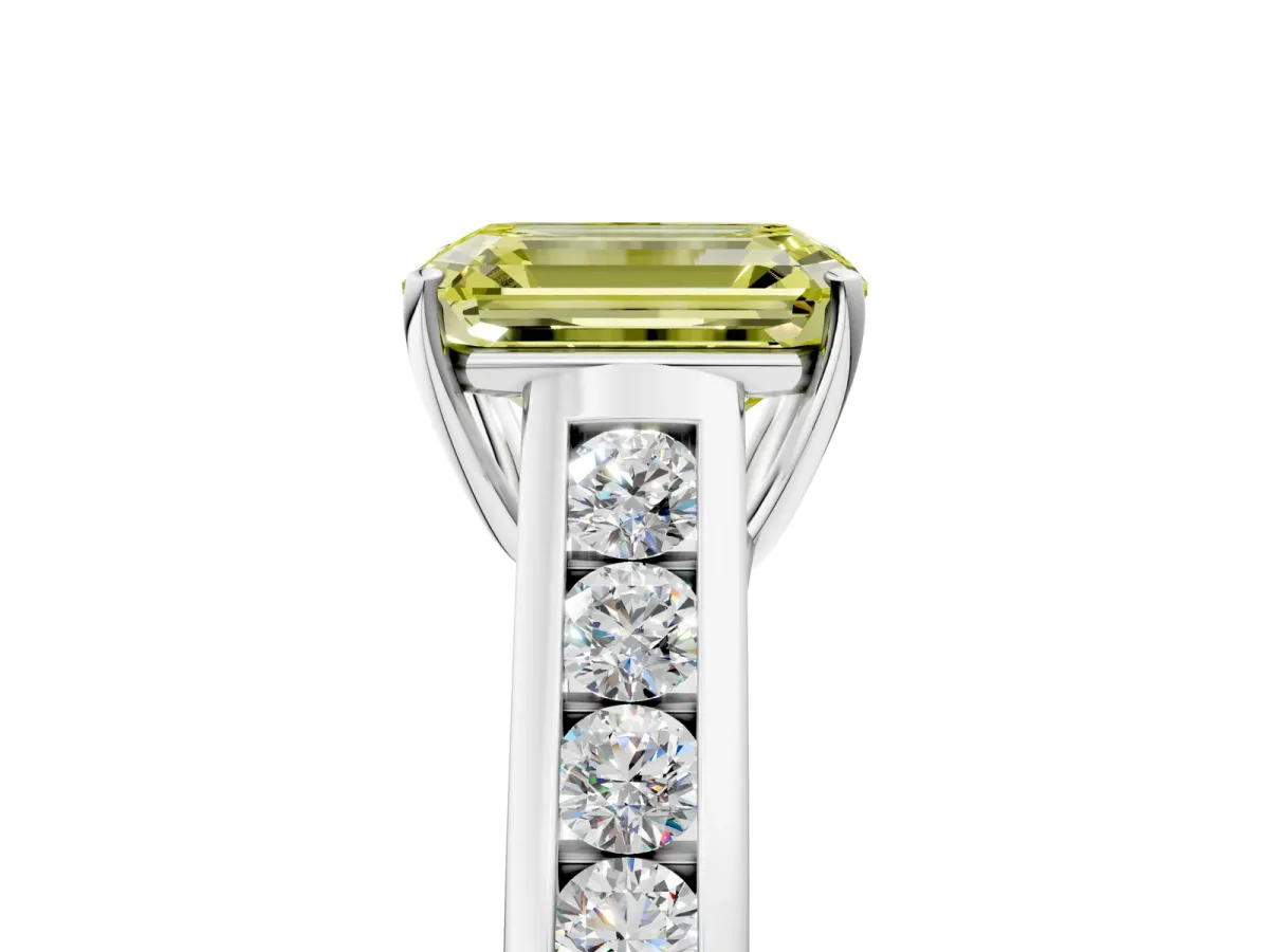 Fancy Yellow Emerald Cut Brilliant Channel-Set Solitaire Ring with Four-Prong Setting White gold