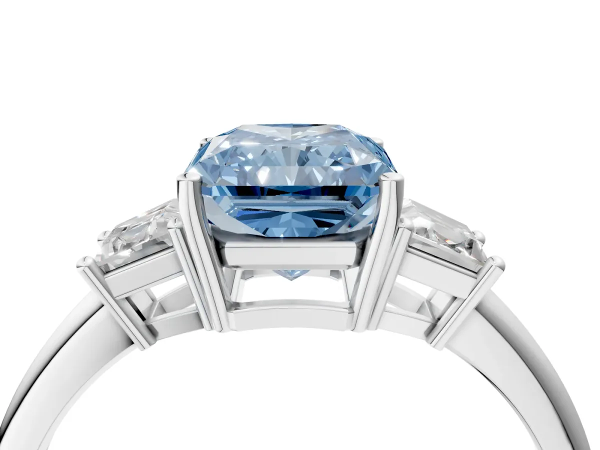 Fancy Blue Radiant Cut Diamond Three-Stone Ring with Trapezoid Side Stones and Prong Setting Silver