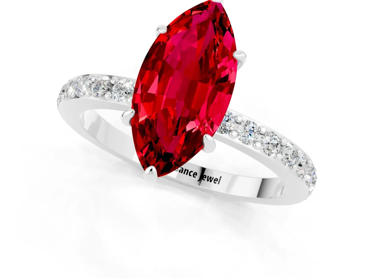 Marquise Cut Ruby Solitaire Engagement Ring with Pavé Band and Four-Prong Setting Silver