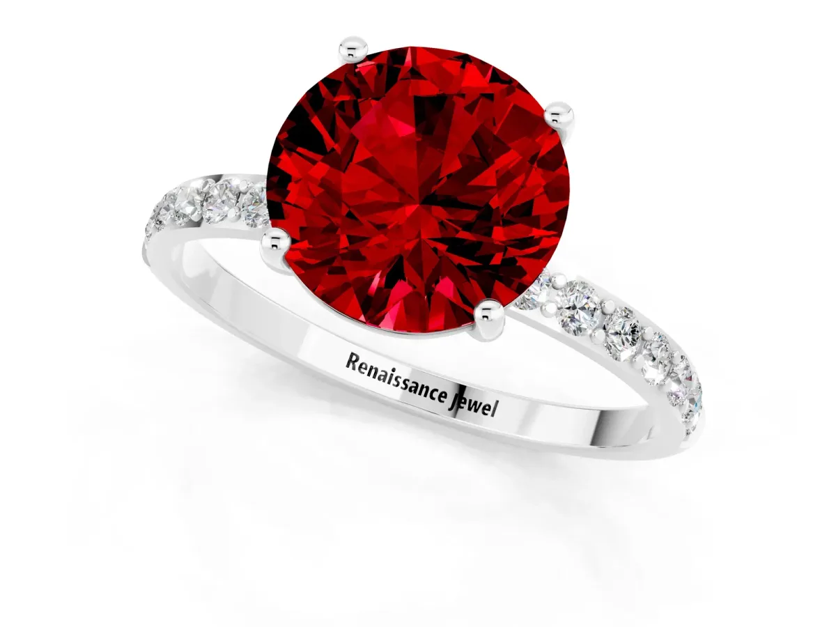Round Cut Ruby Solitaire Ring with Round Pavé Band and Prong Setting Silver