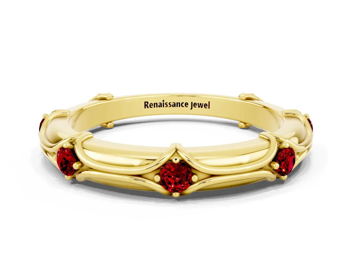 Round Ruby Prong Set Milgrain Eternity Band Yellow gold