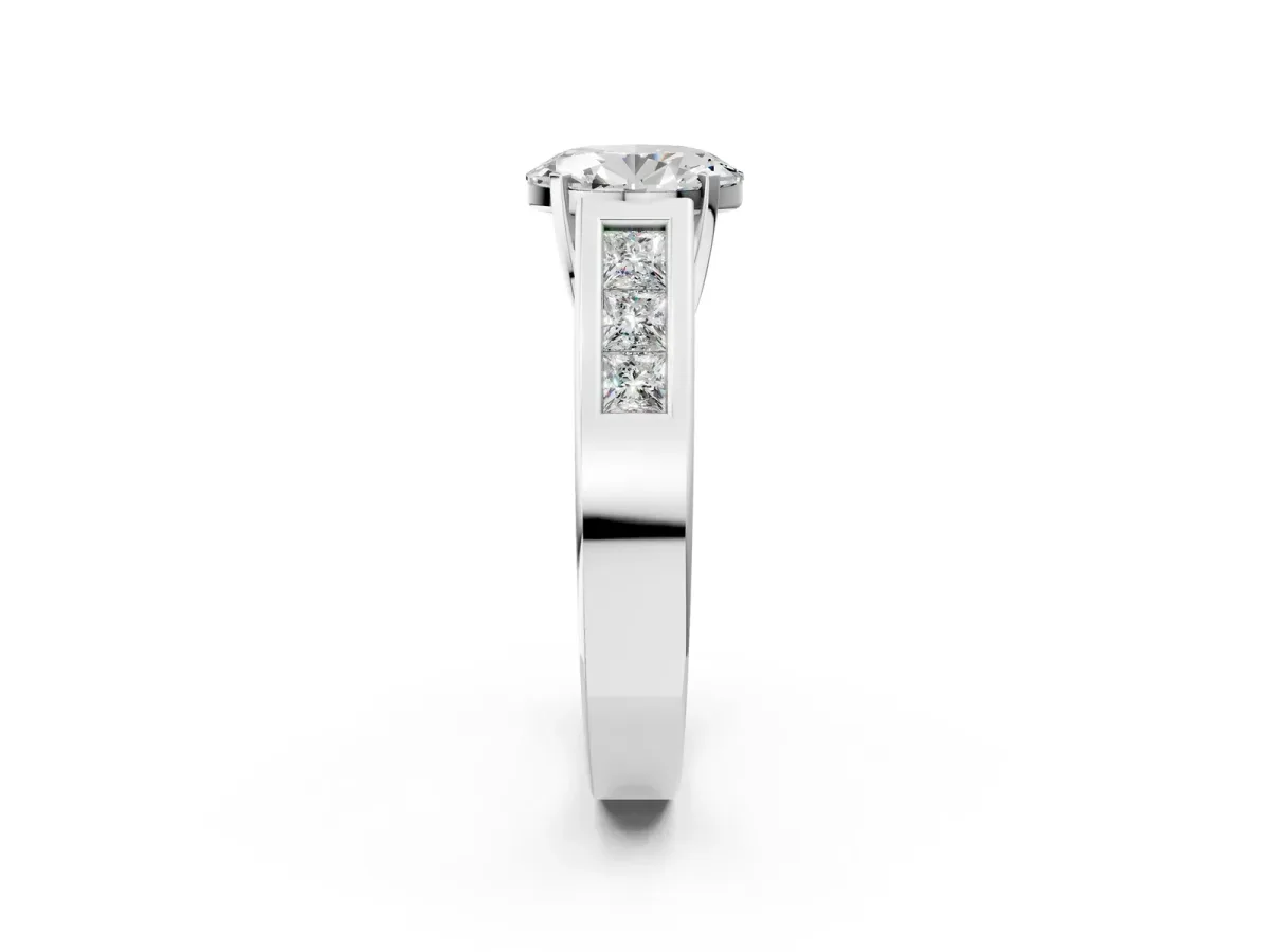 Oval Cut Cut Channel Set Solitaire Ring with Four-Prong Setting White gold