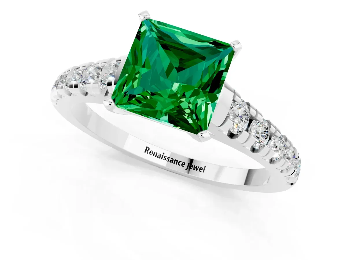 Princess Cut Emerald Cathedral Solitaire Ring with Round Pavé Band Platinum