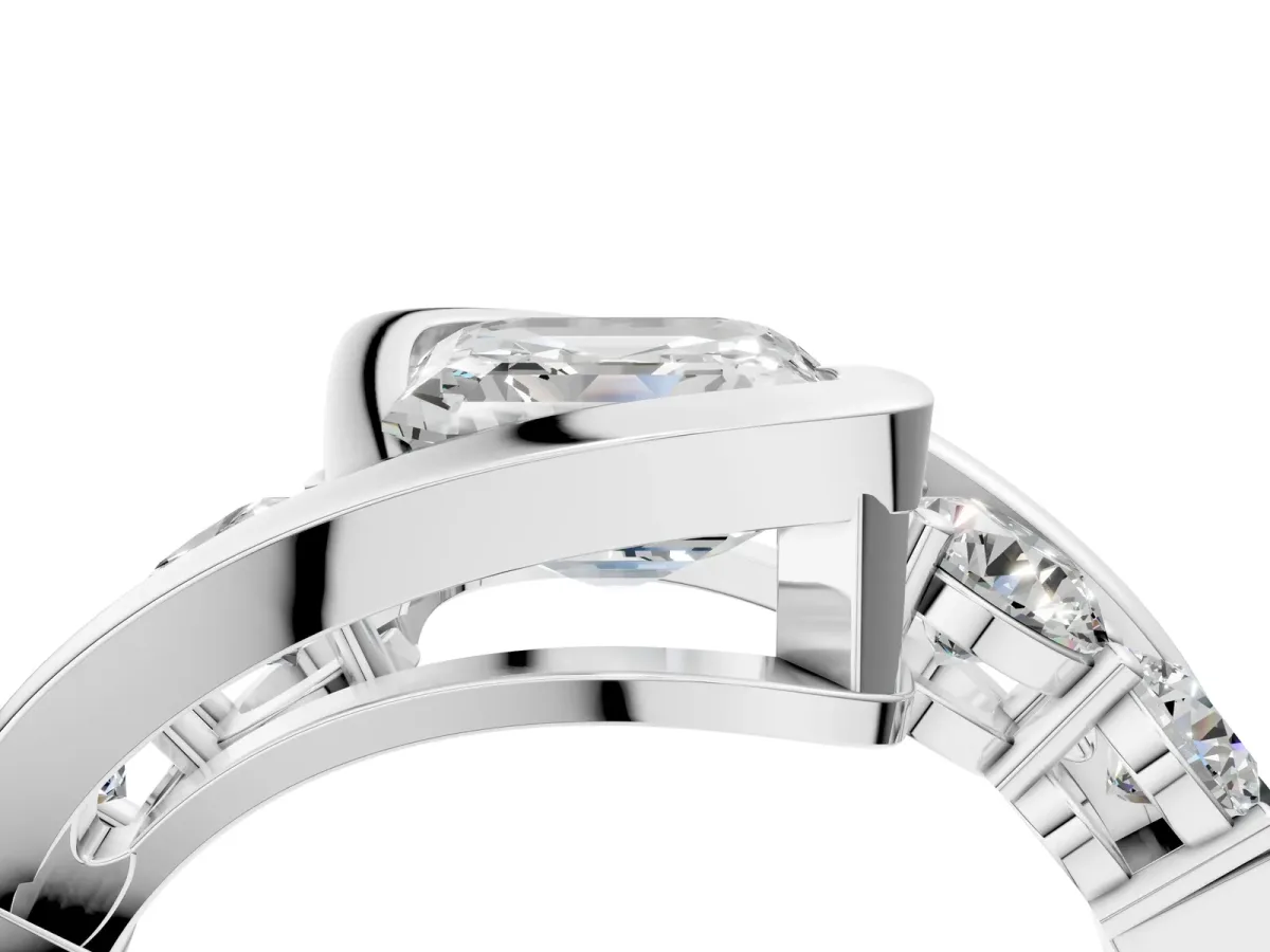 Bezel Set Asscher Cut Diamond Bypass Ring with Round Accents White gold