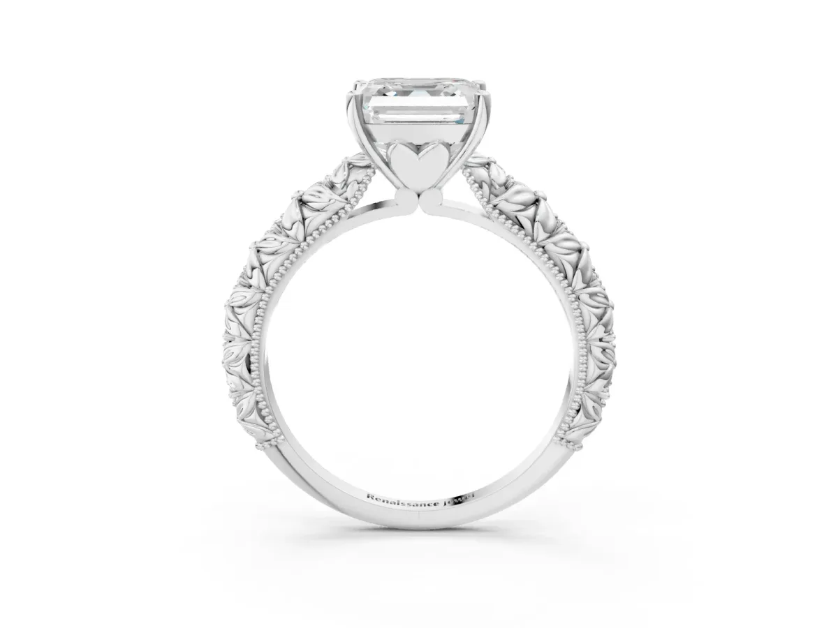 Asscher Cut Solitaire Floral Milgrain Engagement Ring Platinum