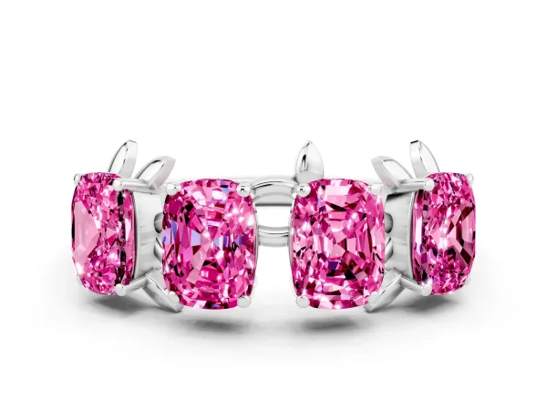 Four-Stone Elongated Cushion Pink Sapphire Band with Nature-Inspired Prong Setting Platinum