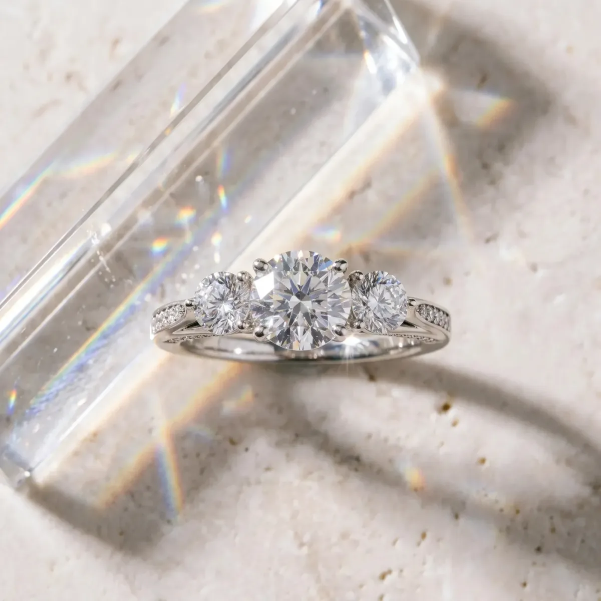 Round Cut Brilliant Three-Stone Engagement Ring with Split Shank and Prong Setting Silver