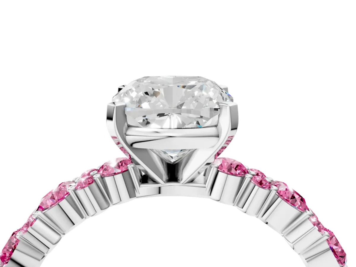 Cushion Cut Diamond Side Stone Solitaire Ring with Round Pink Sapphire and Four-Prong Setting Silver