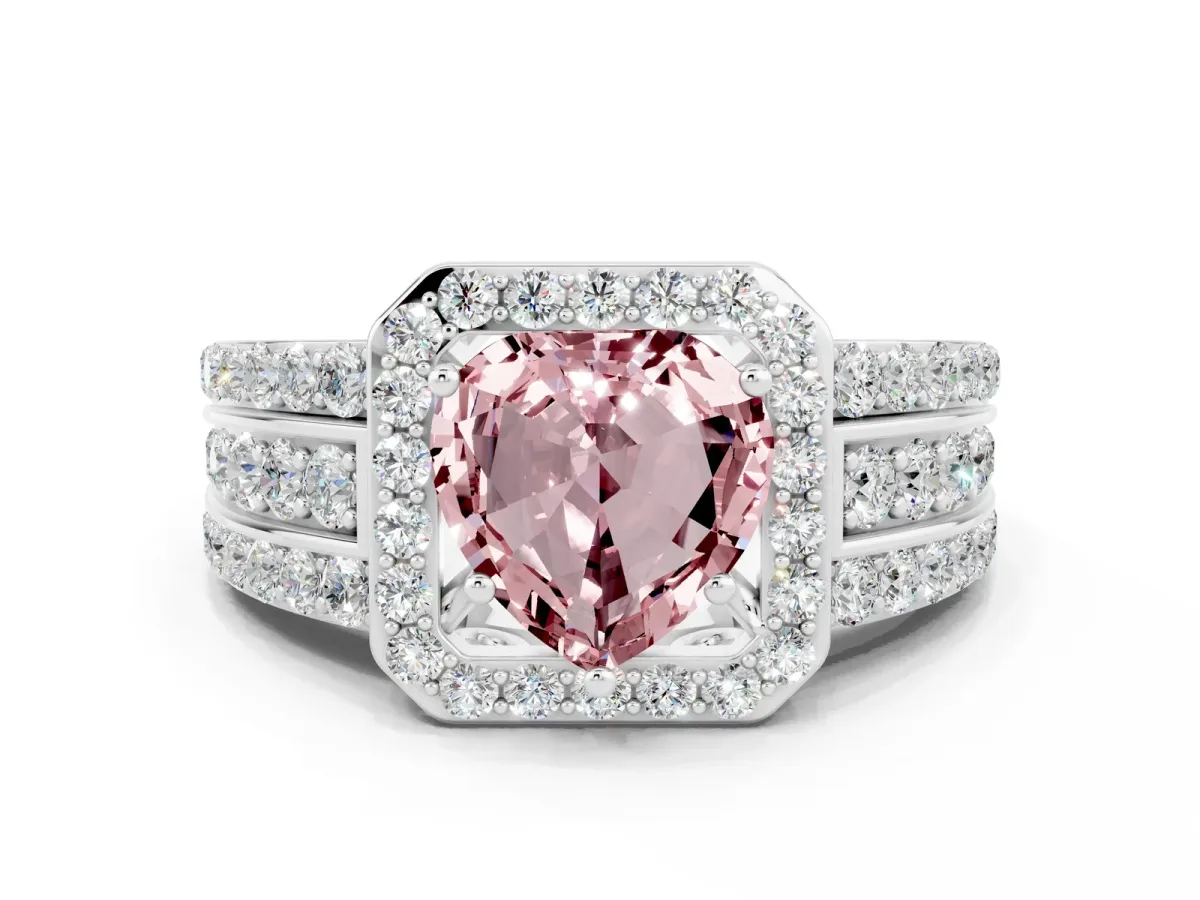 Heart Cut Halo Morganite Ring with Round Split Shank and Prong Setting Silver