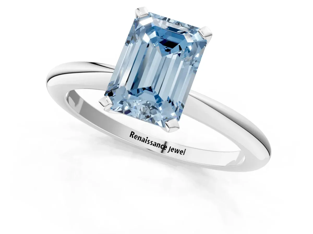 Fancy Blue Emerald Cut Diamond Solitaire Ring with Six-Prong Setting and Classic Band Platinum