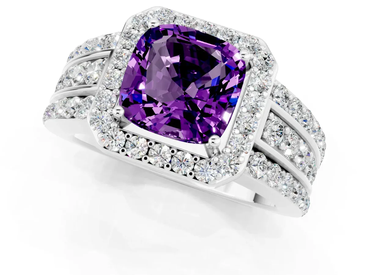 Cushion Cut Halo Amethyst Ring with Round Split Shank and Prong Setting Silver