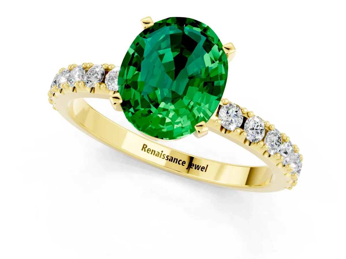 Oval Cut Emerald Solitaire Pavé Band with Four-Prong Setting Yellow gold