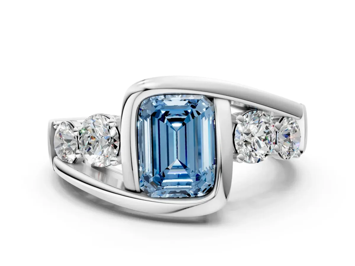 Fancy Blue Bezel Set Emerald Cut Diamond Bypass Ring with Round Accents Silver
