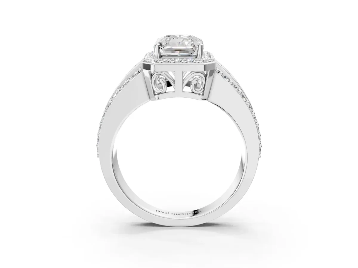 Radiant Cut Halo Diamond Ring with Round Moissanite Split Shank and Prong Setting Silver