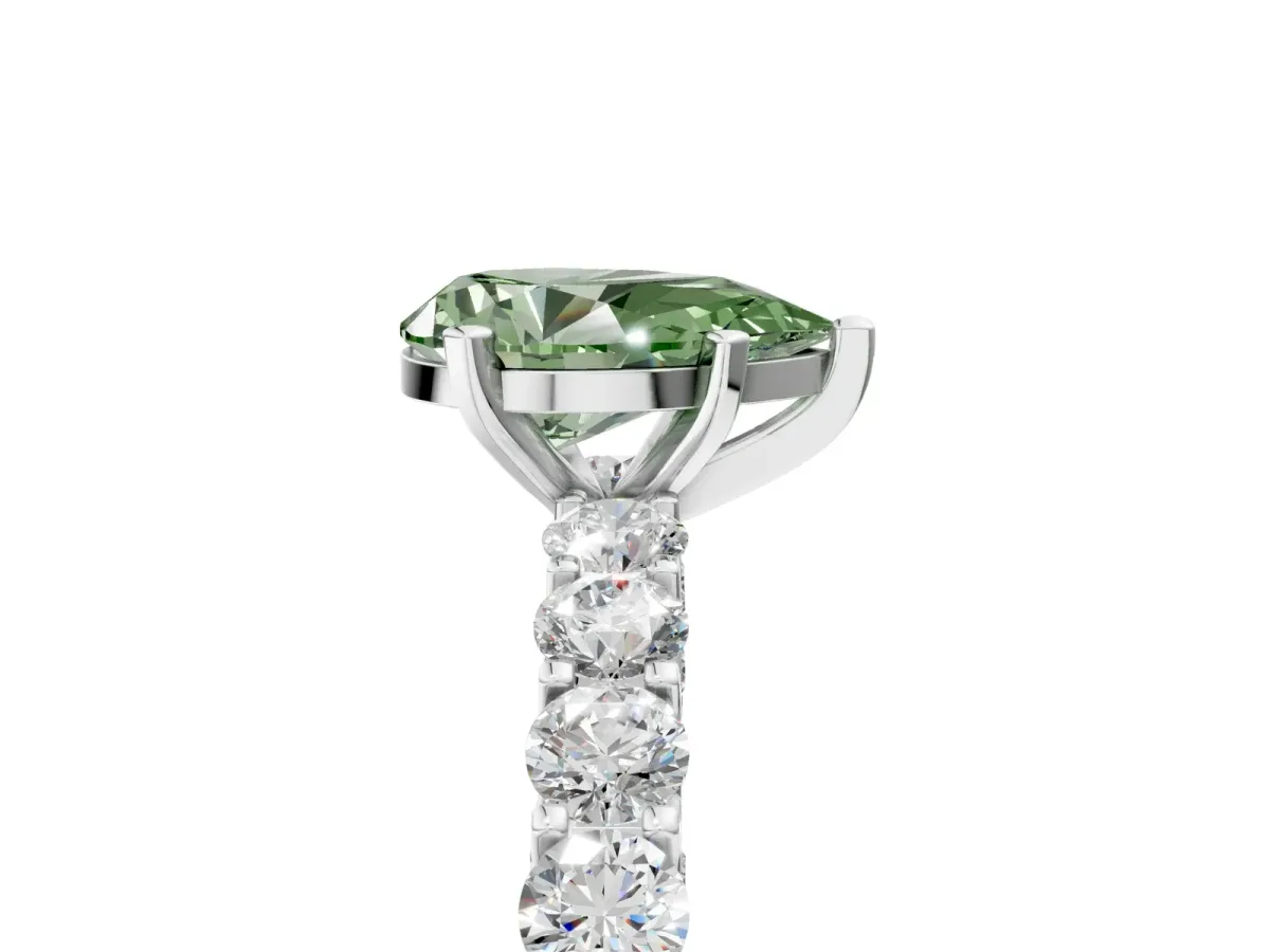 Fancy Green Pear Cut Diamond Solitaire Ring with Shared Prong Pavé Band and Four-Prong Setting Silver