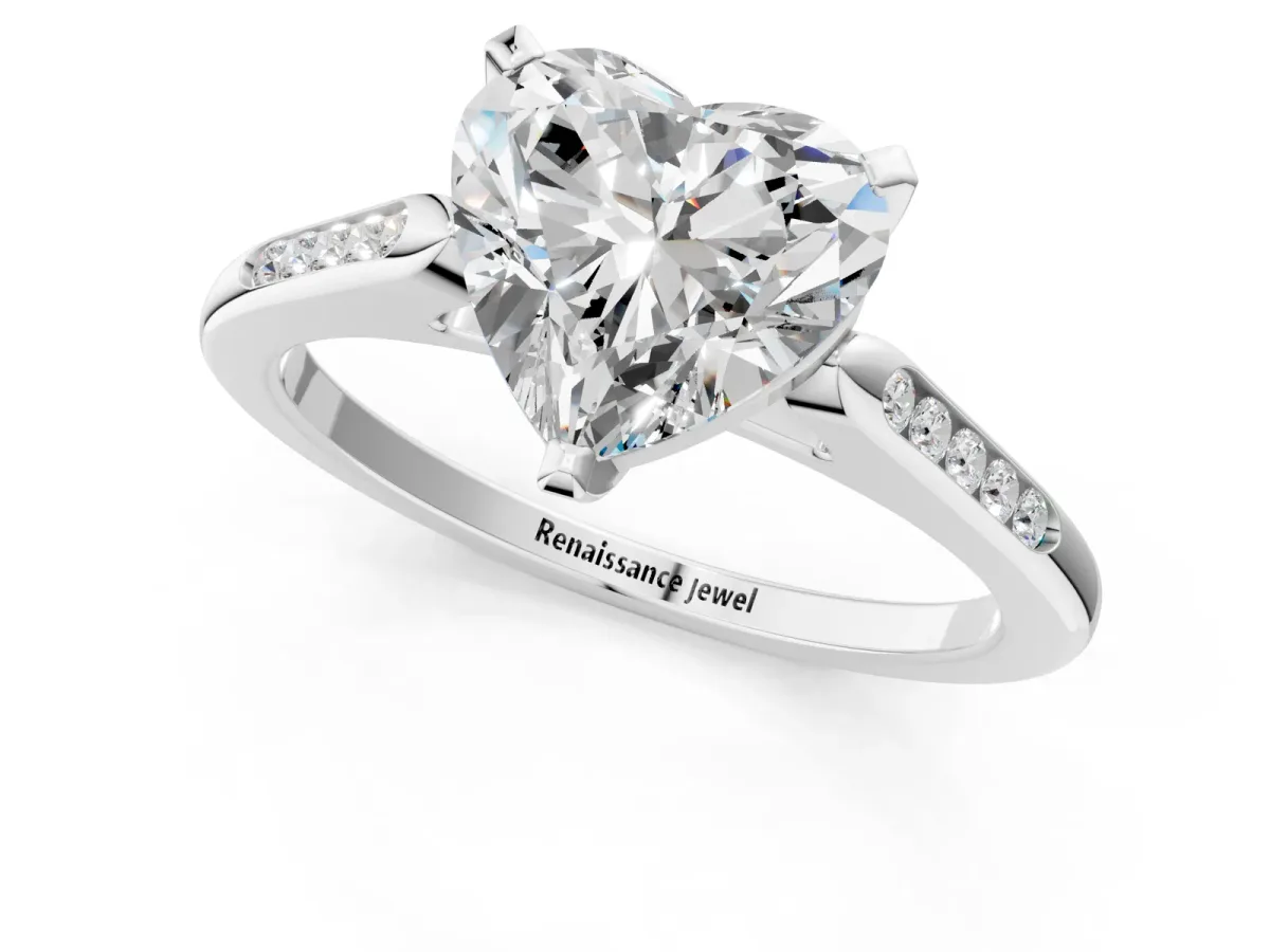 Heart Cut Diamond Solitaire Ring with Channel Set Round Band and Prong Setting Silver