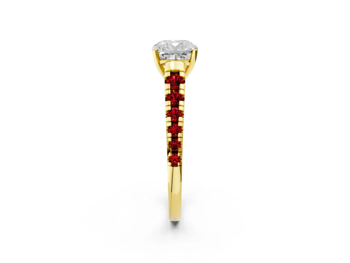Cushion Cut Diamond Cathedral Solitaire Ring with Round Ruby Pavé Band Yellow gold