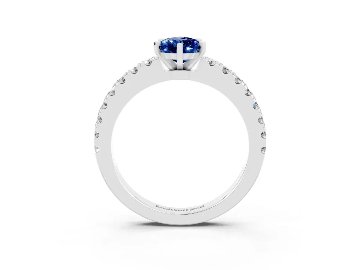 Pear Cut Solitaire Blue Sapphire with Pavé Band and Four-Prong Setting Silver