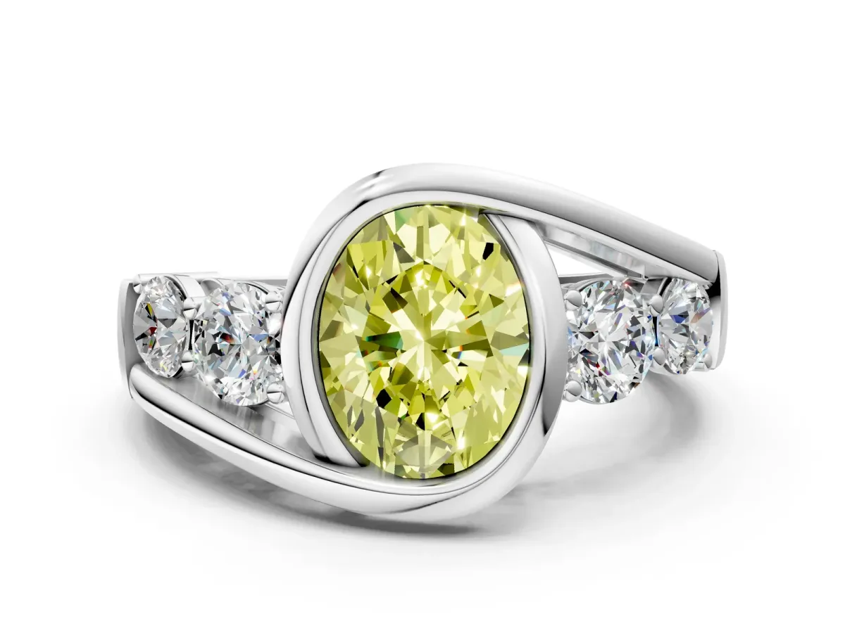 Fancy Yellow Bezel Set Oval Cut Diamond Bypass Ring with Round Accents Platinum