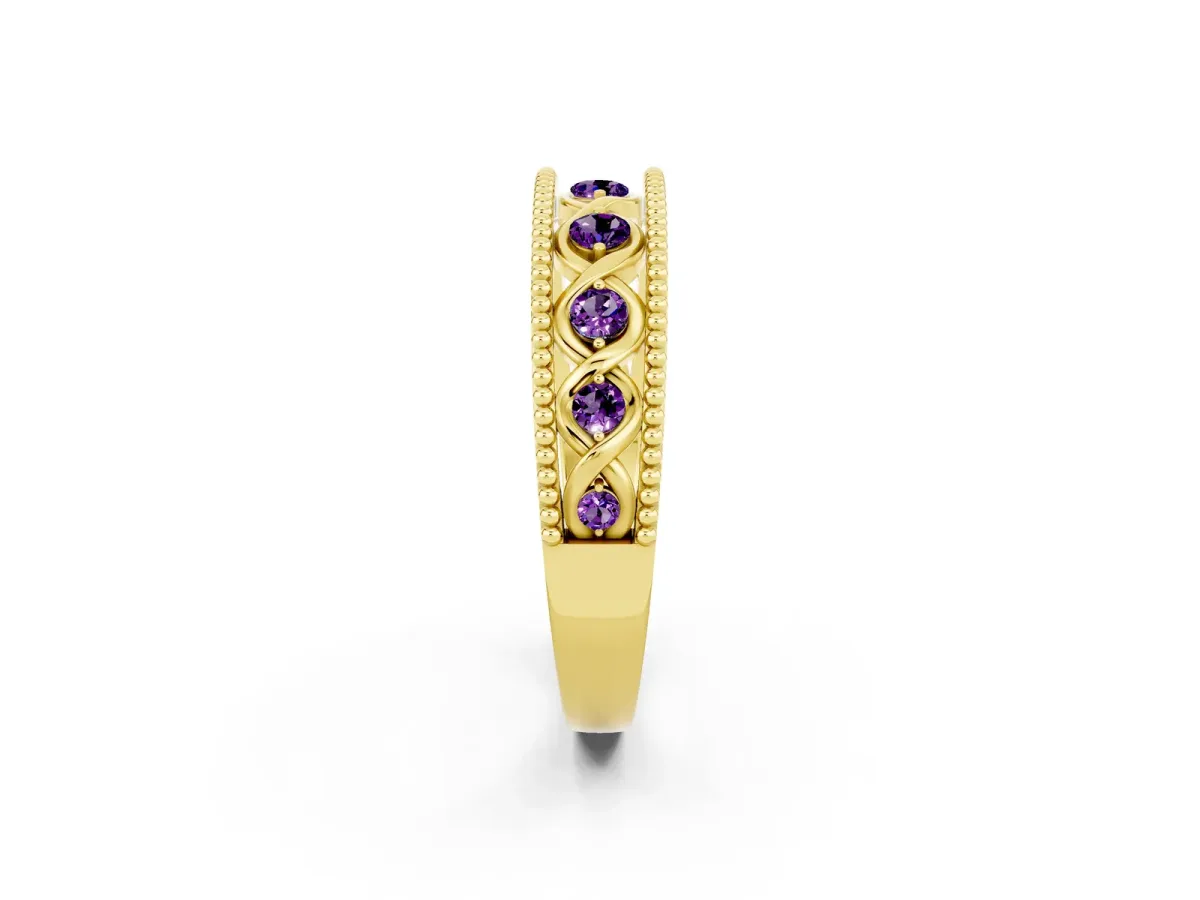 Round Amethyst Twist Milgrain Band with Bezel Setting Yellow gold