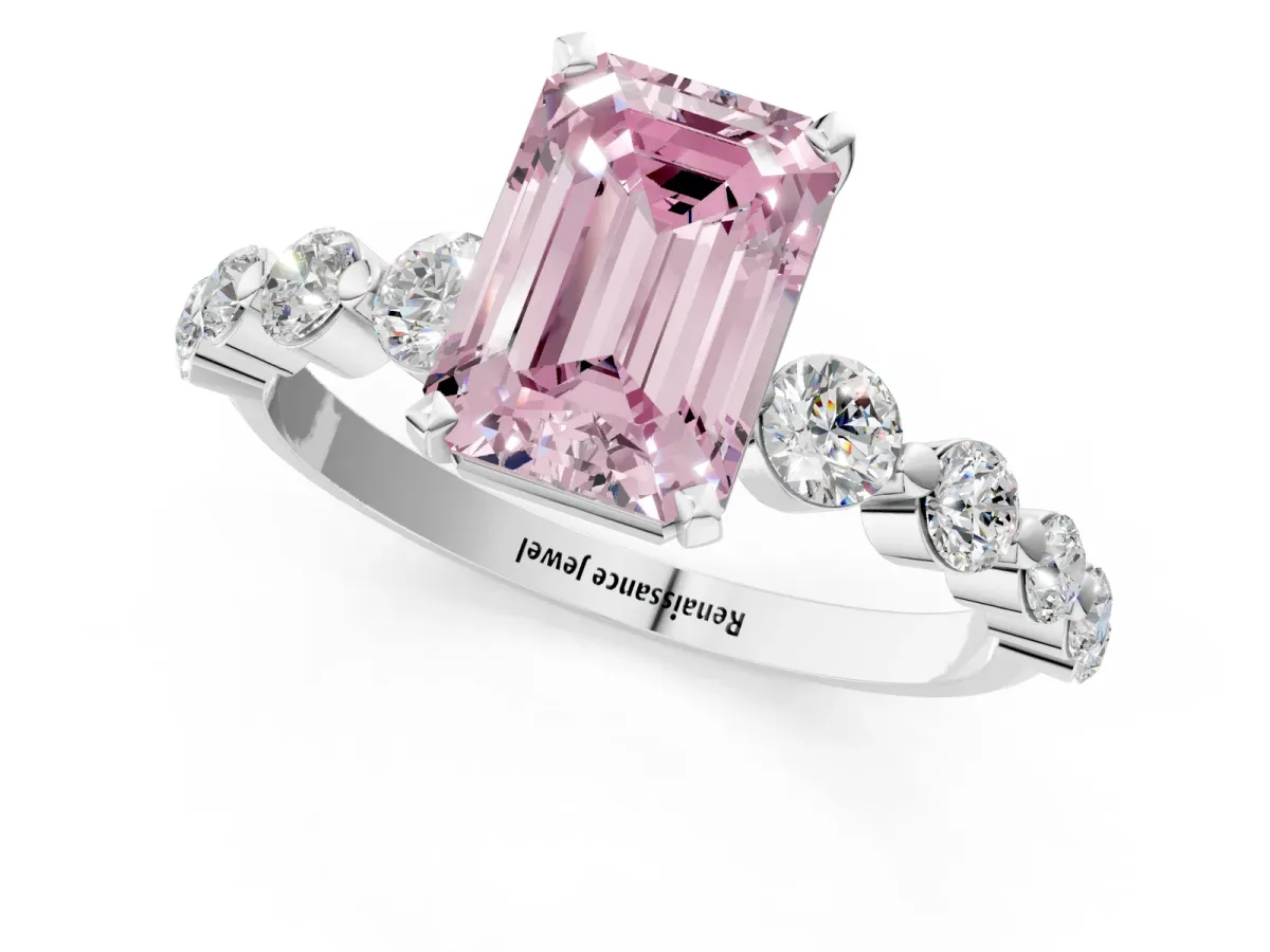 Fancy Pink Emerald Cut Solitaire Diamond Ring with Pave Band and Four-Prong Setting Platinum