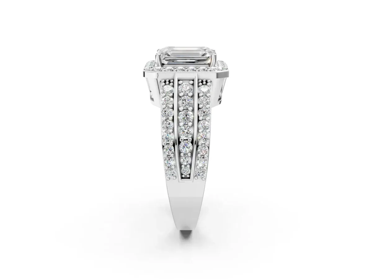 Emerald Cut Halo Diamond Ring with Round Moissanite Split Shank and Prong Setting Silver