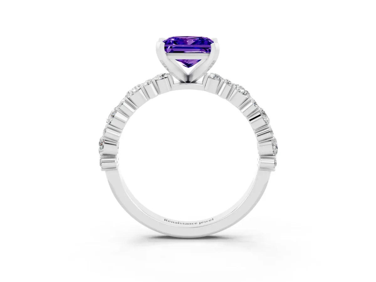 Princess Cut Tanzanite Side Stone Solitaire Ring with Round and Four-Prong Setting Platinum