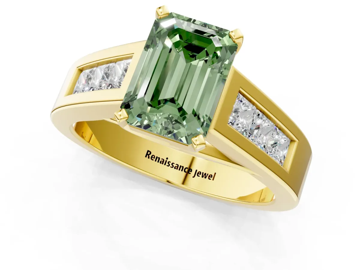 Fancy Green Emerald Cut Cut Channel Set Solitaire Ring with Four-Prong Setting Yellow gold