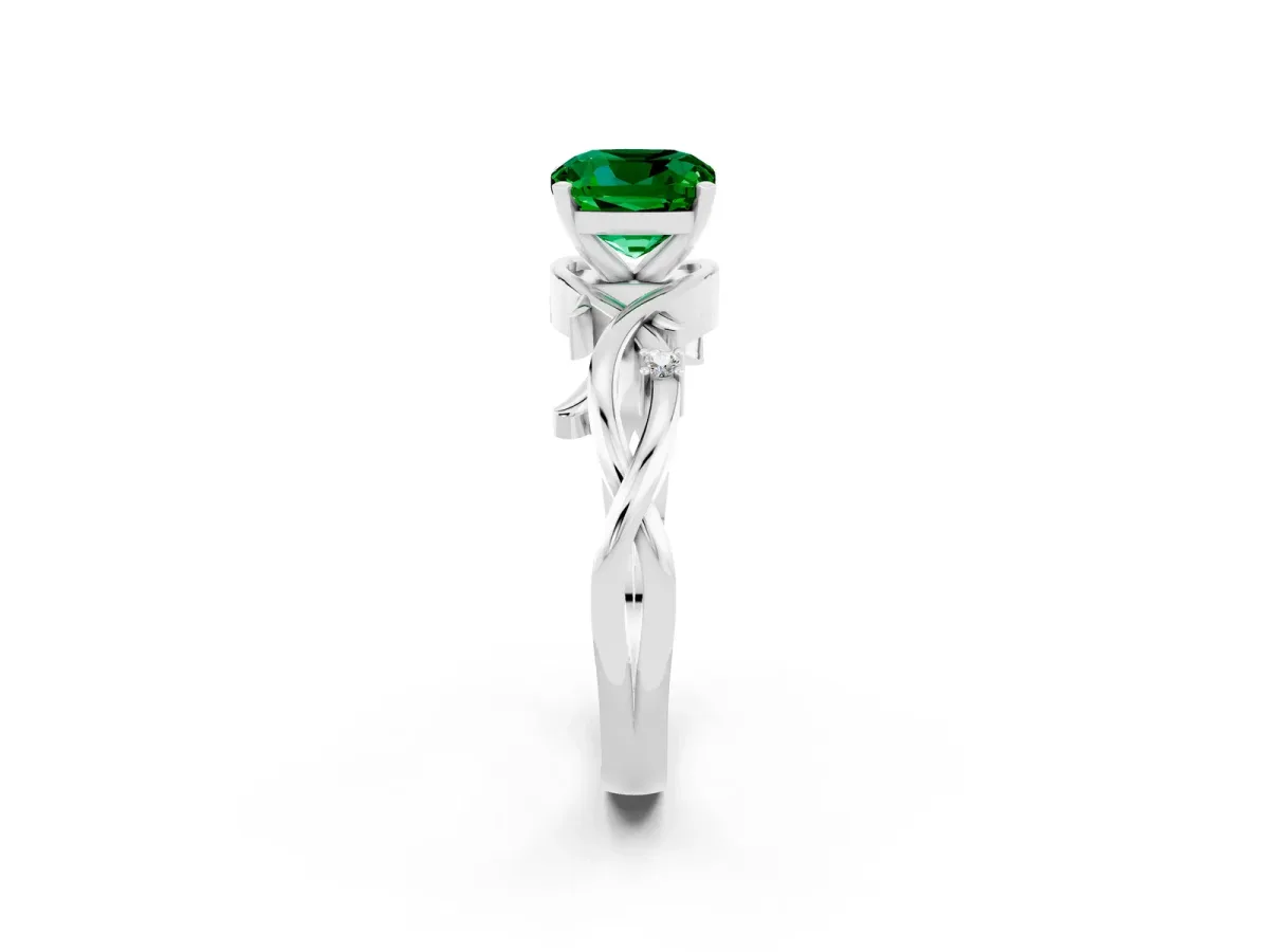 Cushion Cut Emerald Solitaire Ring with Twisted Band and Prong Setting Silver