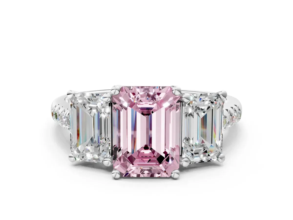 Fancy Pink Three-Stone Emerald Cut Diamond Ring with Round Pavé Band and Prong Setting Silver