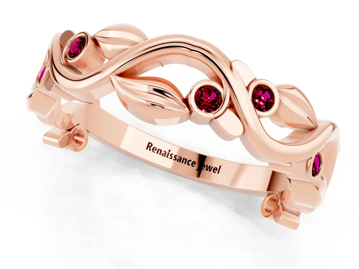 Round Garnet Leaf Eternity Band with Bezel Setting Rose gold