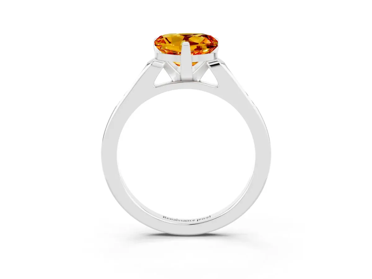 Heart Cut Citrine Solitaire Ring with Channel Set Round Band and Prong Setting Silver
