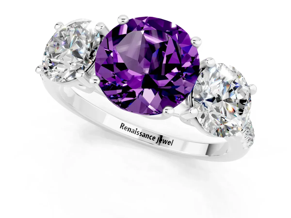 Three-Stone Round Cut Amethyst Ring with Round Pavé Band and Prong Setting White gold