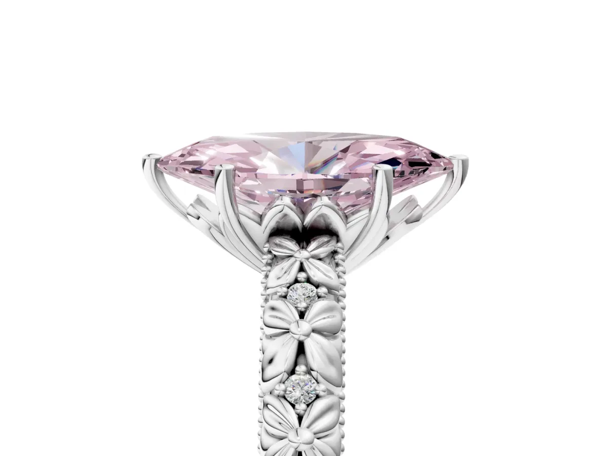 Fancy Pink Marquise Cut Solitaire Floral Milgrain Engagement Ring Silver