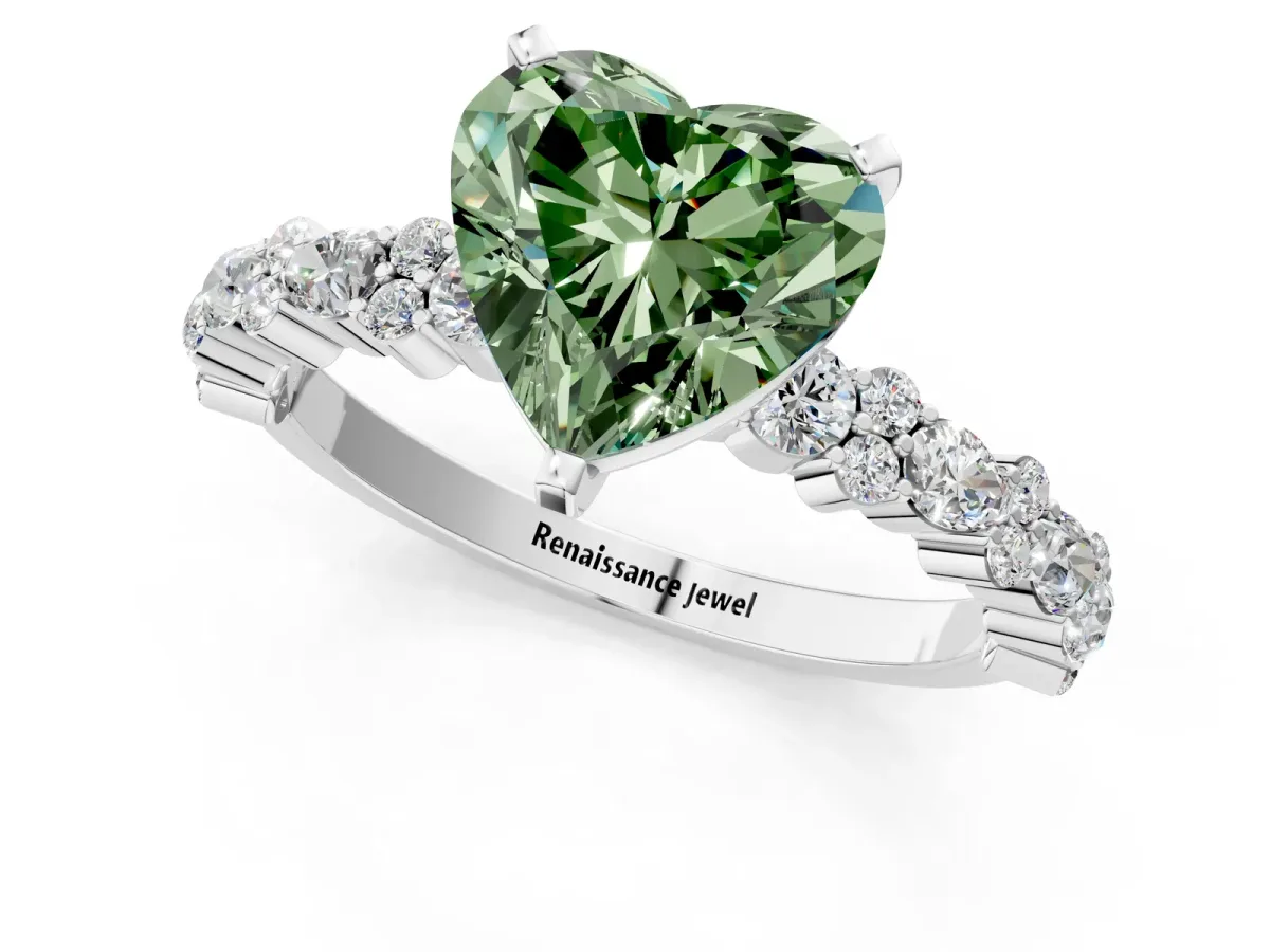 Fancy Green Heart Cut Diamond Side Stone Solitaire Ring with Round and Four-Prong Setting Platinum