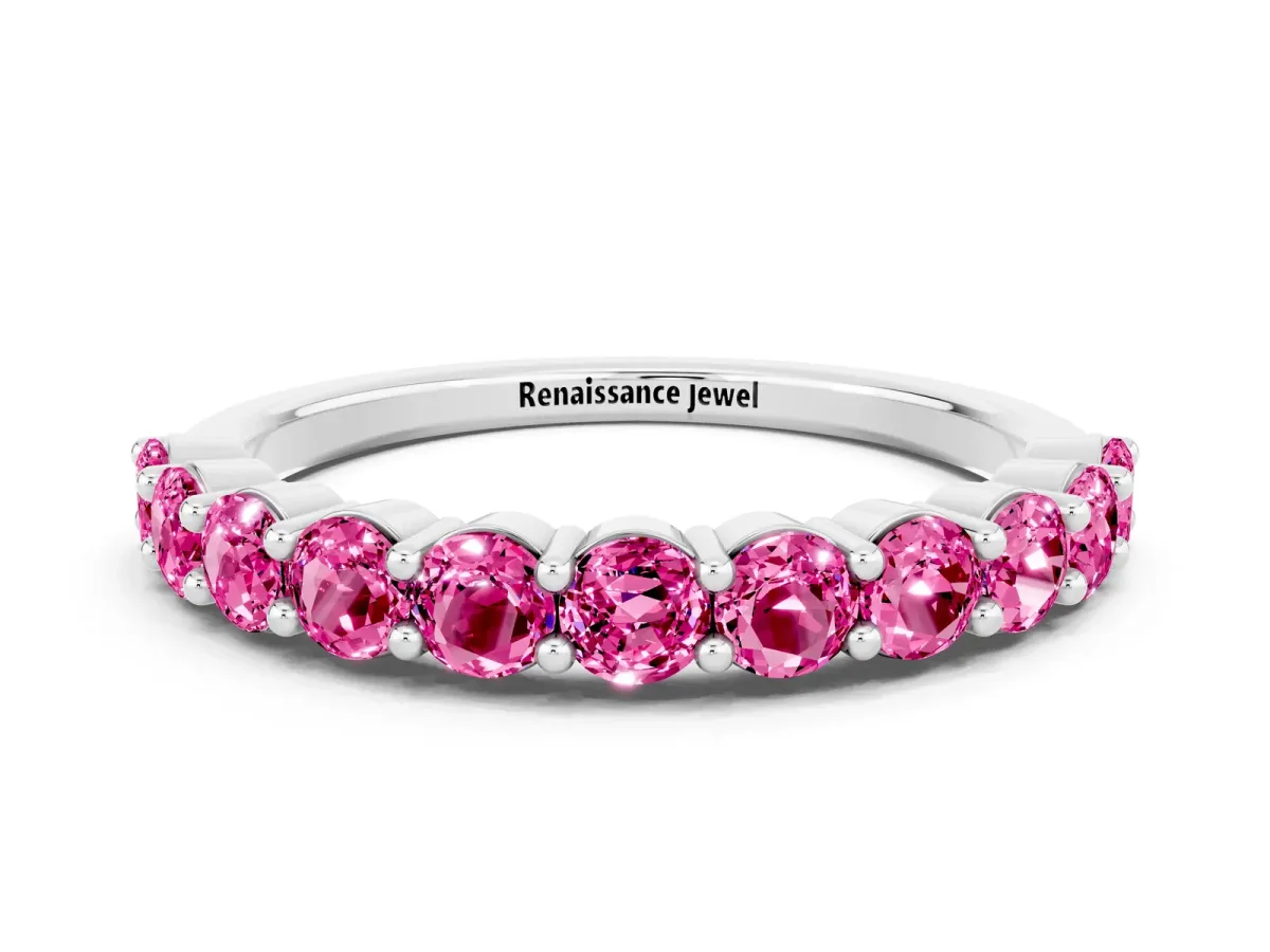 Round Pink Sapphire Half Eternity Band with Prong Setting Platinum