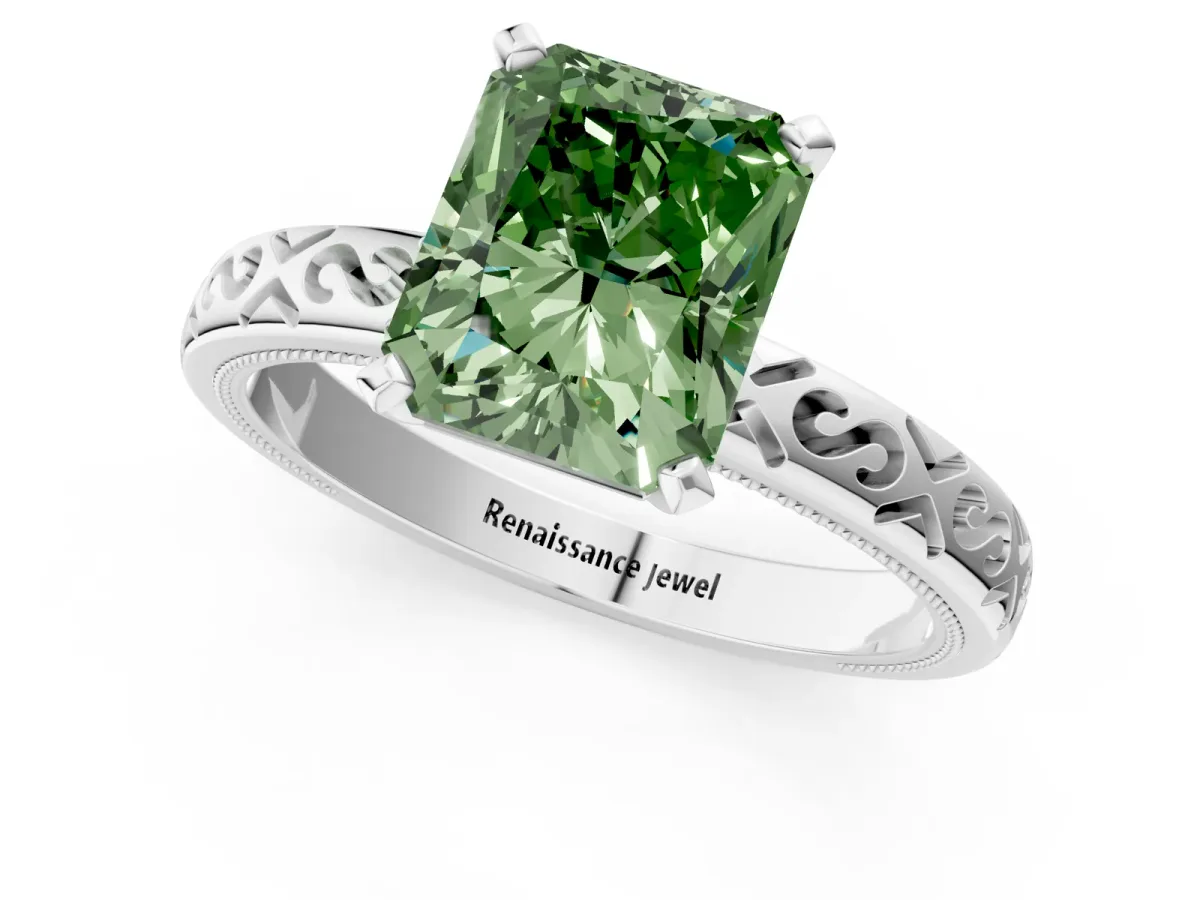 Fancy Green Radiant Cut Solitaire Engagement Ring with Scrollwork Band and Four-Prong Setting Platinum