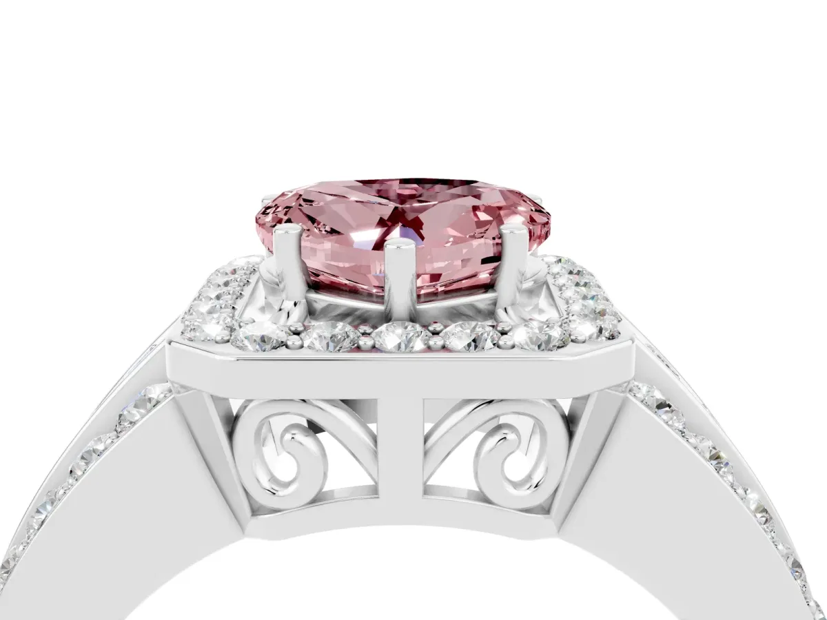 Heart Cut Halo Morganite Ring with Round Split Shank and Prong Setting Silver