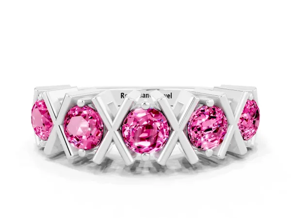 Round Pink Sapphire Channel Set Band with X-Prong Detail Platinum