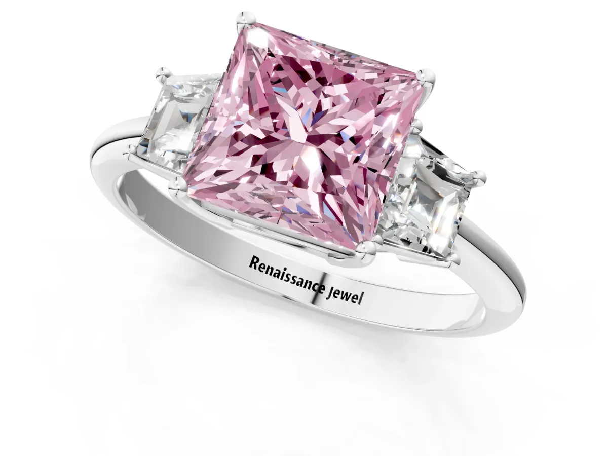 Fancy Pink Princess Cut Diamond Three-Stone Ring with Trapezoid Side Stones and Prong Setting Silver