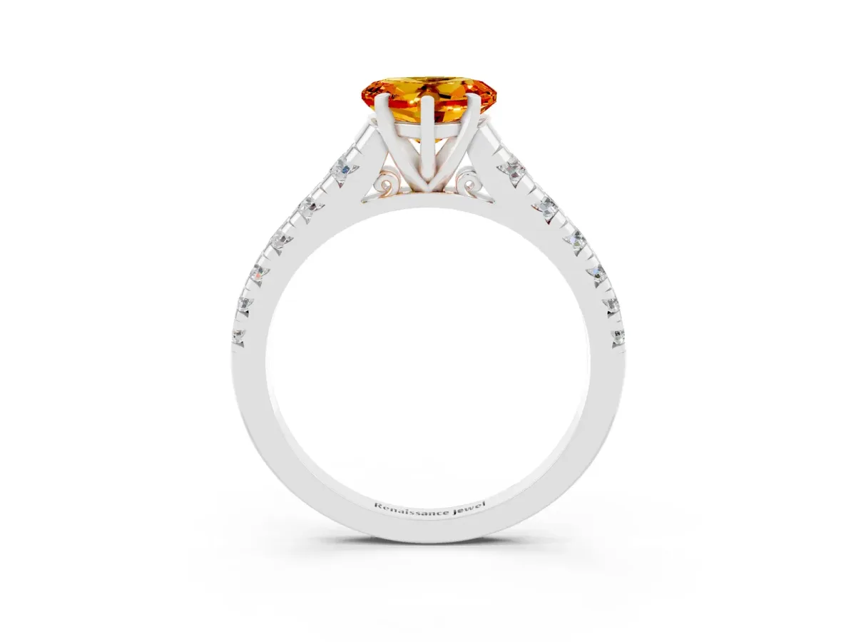 Heart Cut Citrine Cathedral Solitaire Ring with Round Pavé Band Silver