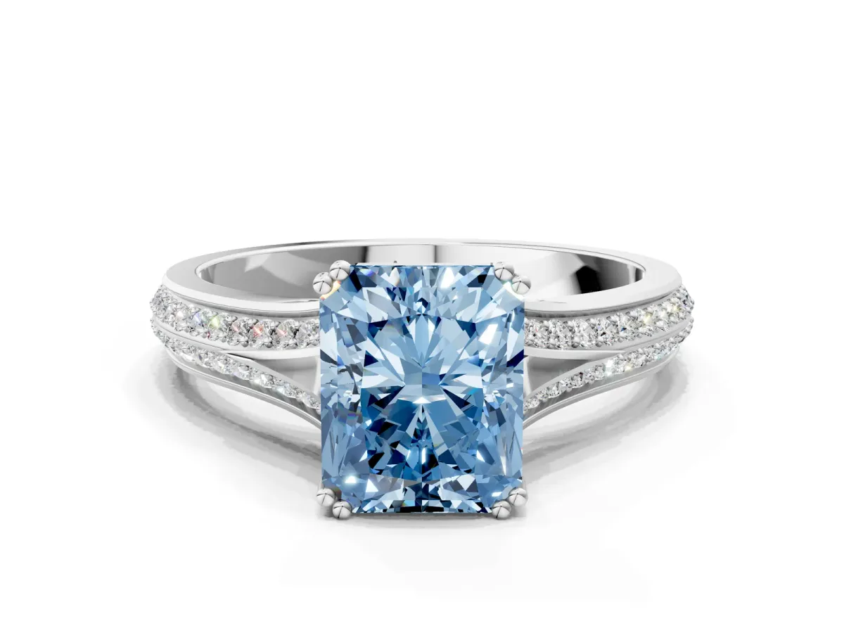 Fancy Blue Radiant Cut Diamond Split Shank Engagement Ring with Pavé Band Platinum