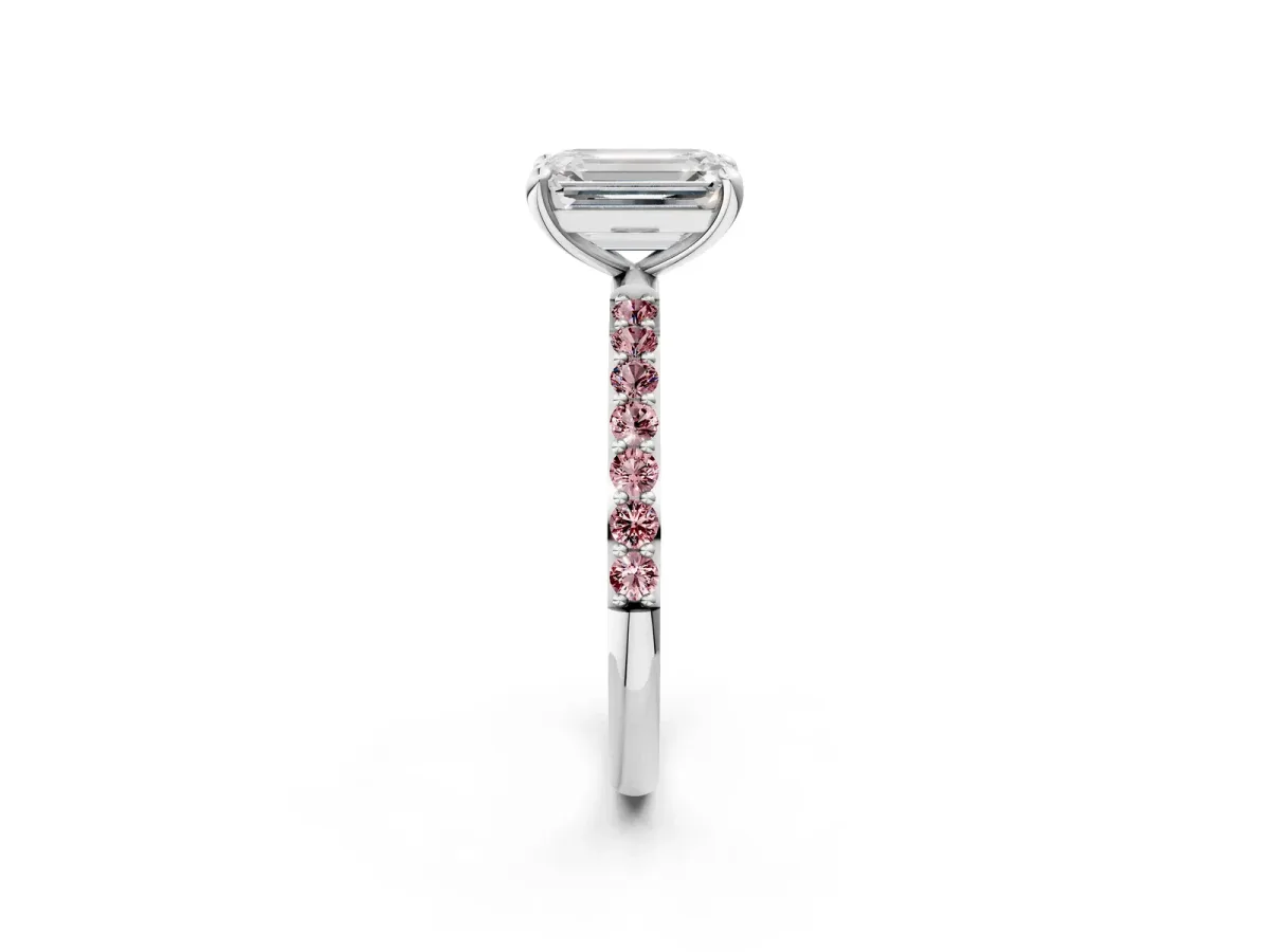 Emerald Cut Diamond Solitaire Ring with Round Morganite Pavé Band and Prong Setting Silver